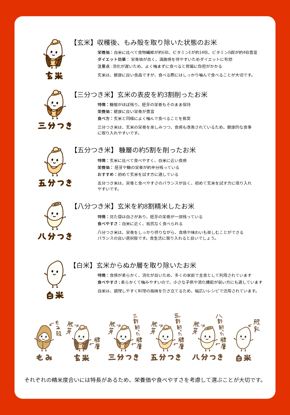 お米には、玄米、もみ米、白米、八分づき米など、さまざまな精米の種類があります。それぞれの精米方法によって、食べやすさや栄養価が異なります。これらの違いをわかりやすく比較した表を作ることで、選び方の参考にしていただけます。