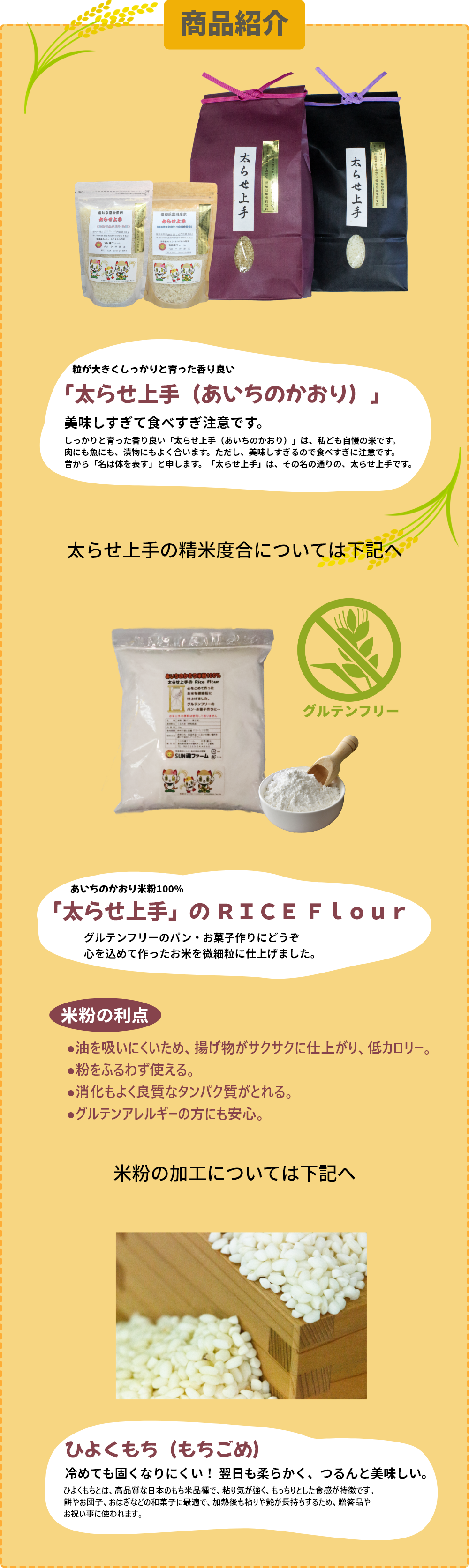 「あいちのかおり」は、ご飯がとてもおいしく、肉料理や魚料理との相性も抜群です。さらに、グルテンフリーなので、グルテンアレルギーの方にも安心して召し上がっていただけます。また、「ひよくもち」は冷めても硬くなりにくい特長があり、お弁当やおにぎりにもぴったりです。